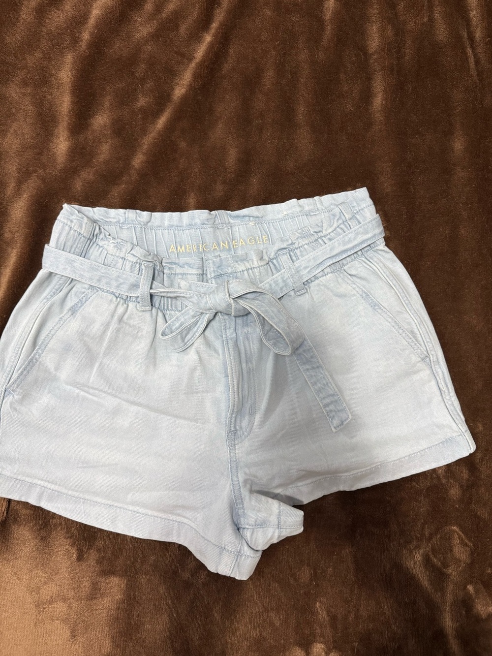 American Eagle Outfitters Light Blue High-Waist Paperbag Mom Shorts with Tie